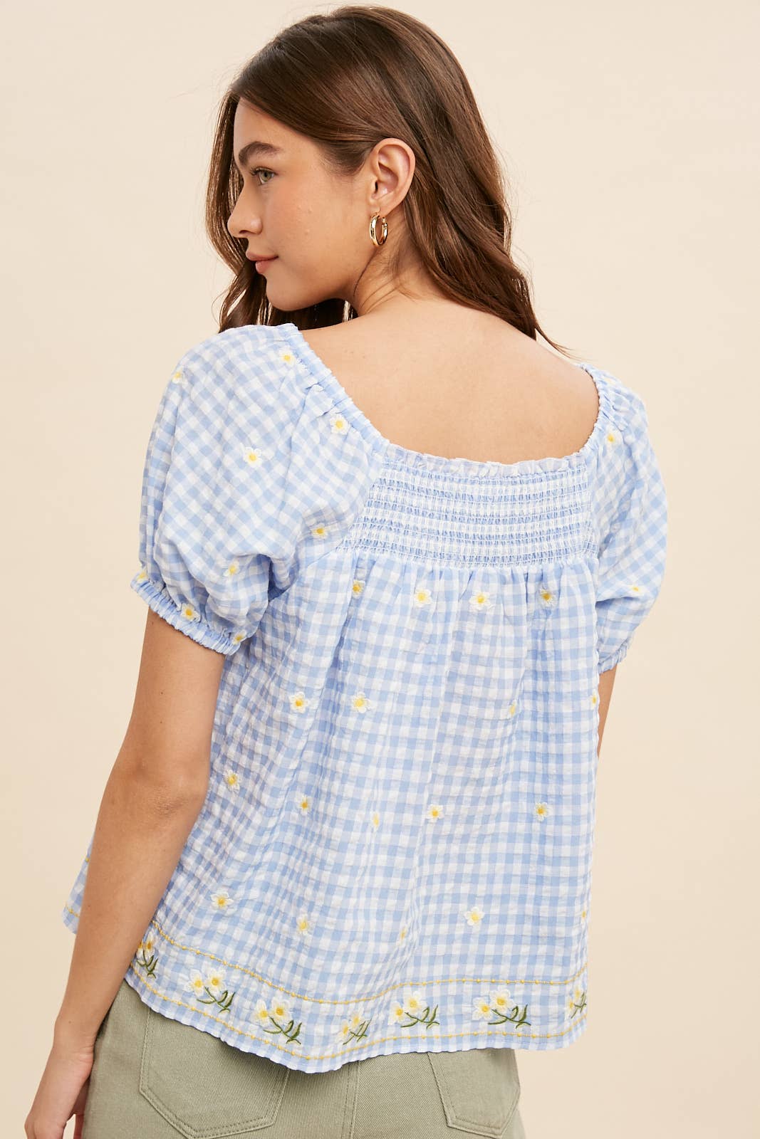 Gingham Embroidered Smock Blouse
