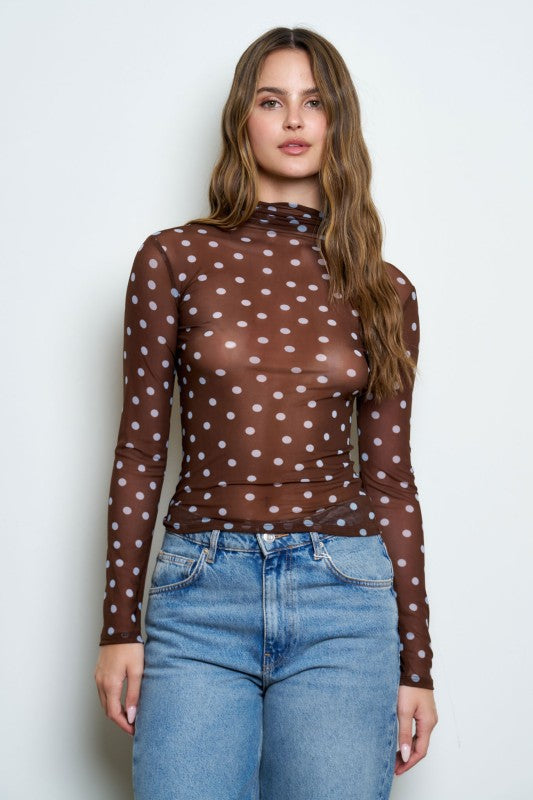 Polka Dot Mesh Long Sleeve Top