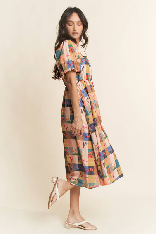 Checker Floral Midi Dress