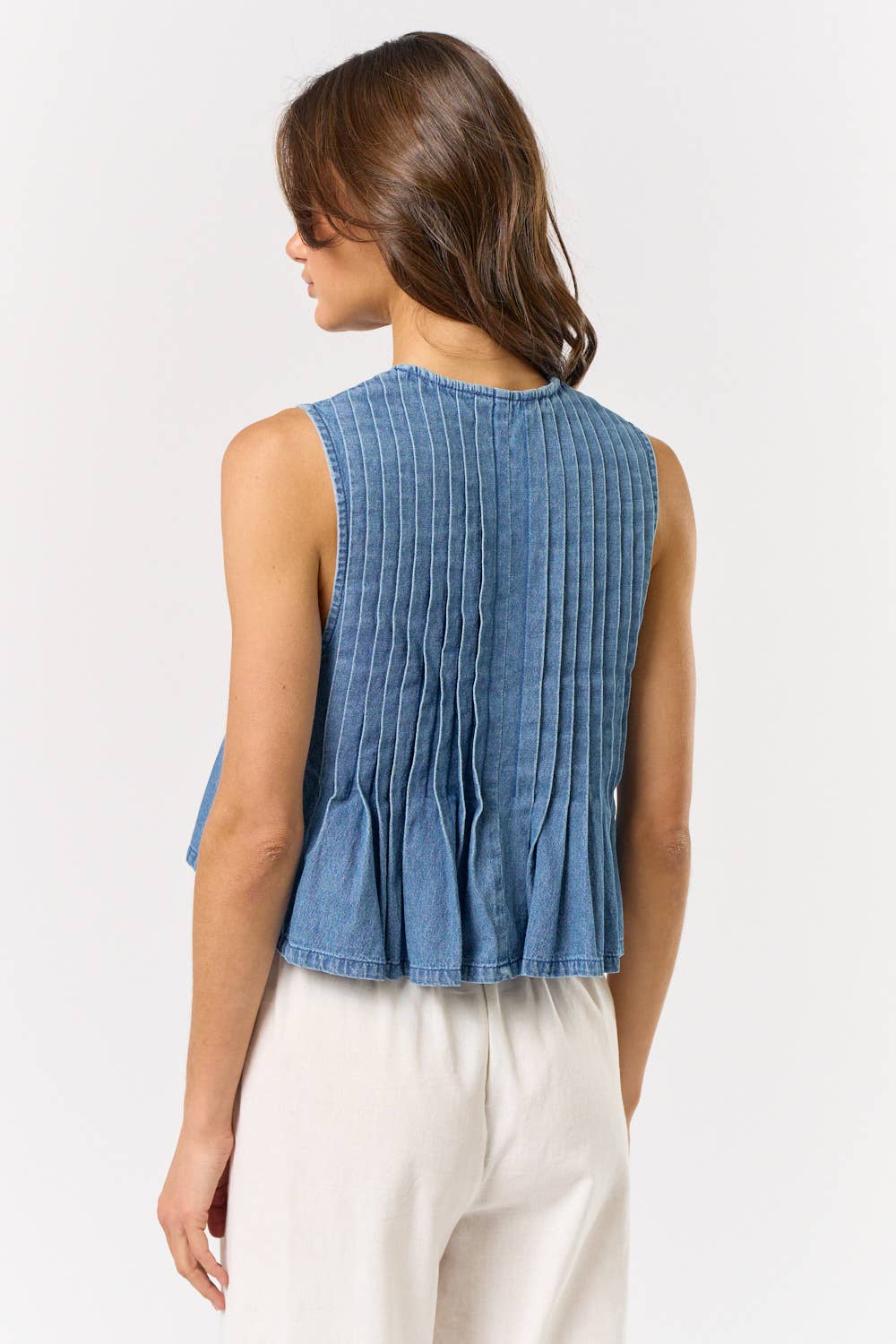 Denim Front Tie Pleated Top