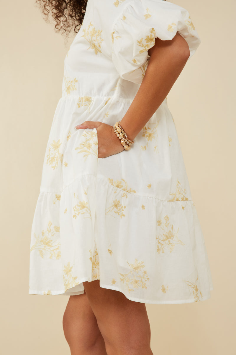 Garden Embroidered Bubble Sleeve Dress