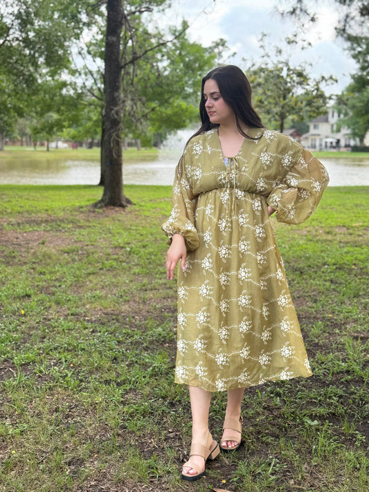 Anaya Embroidered Long Sleeve Midi Dress