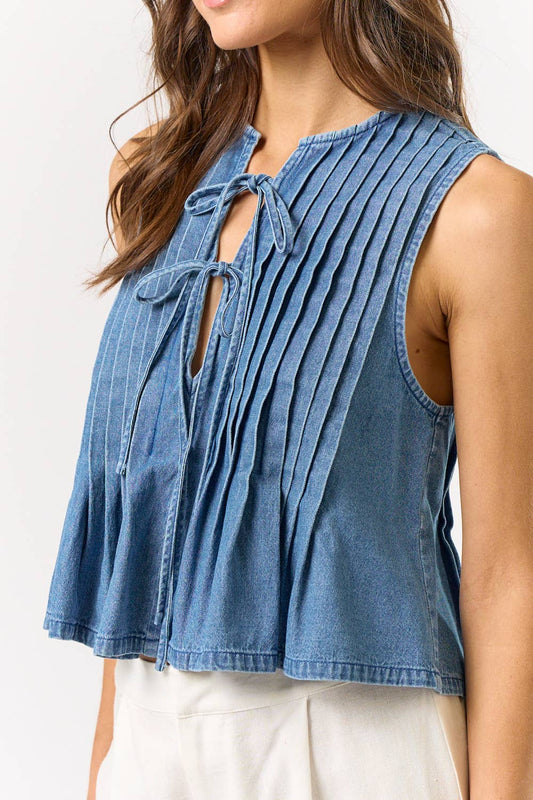 Denim Front Tie Pleated Top