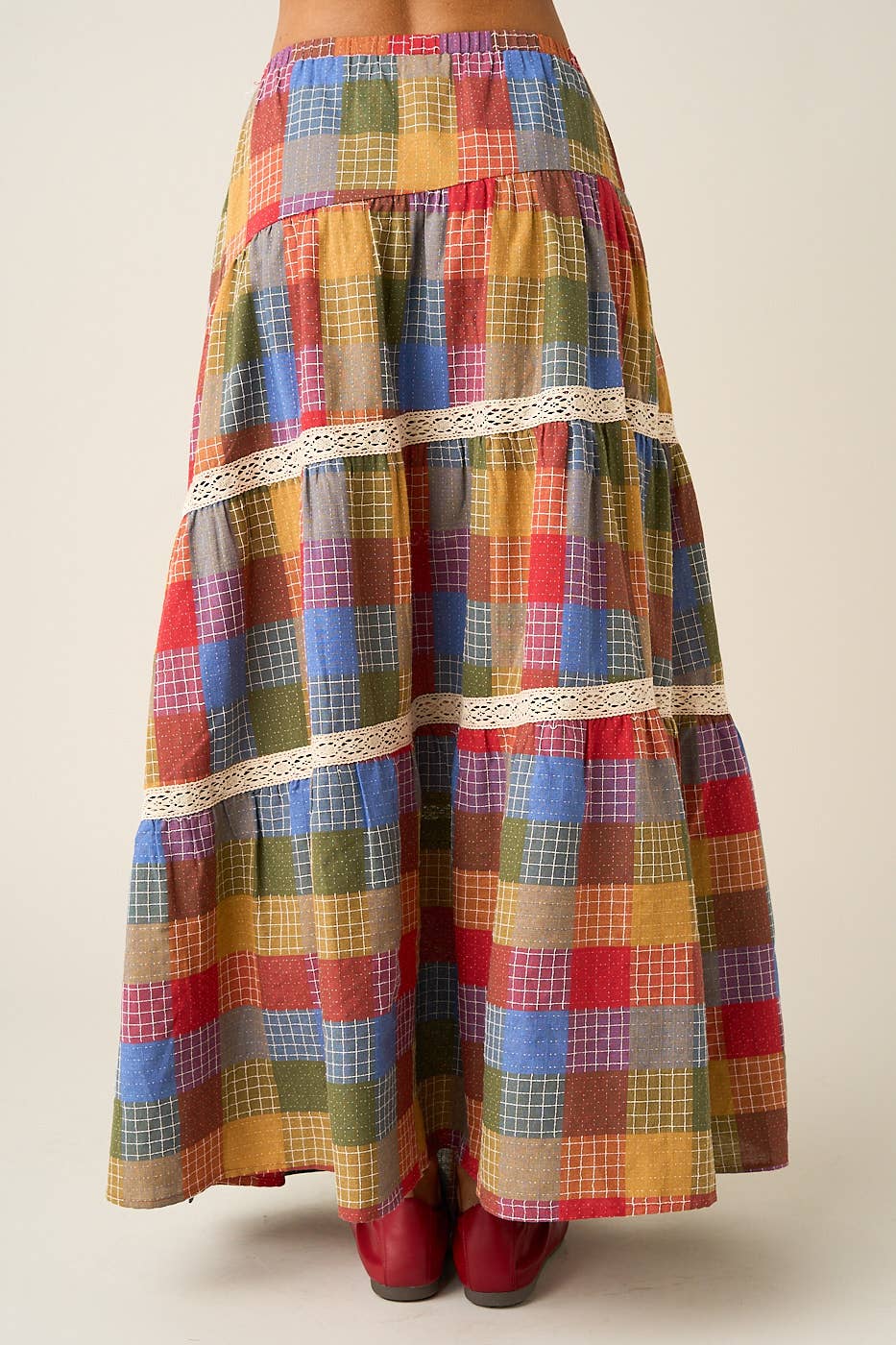 Multicolor Plaid Tiered Maxi Skirt