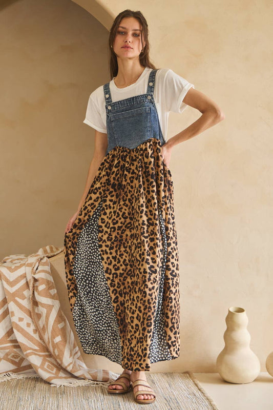 Denim Leopard Overall Dress