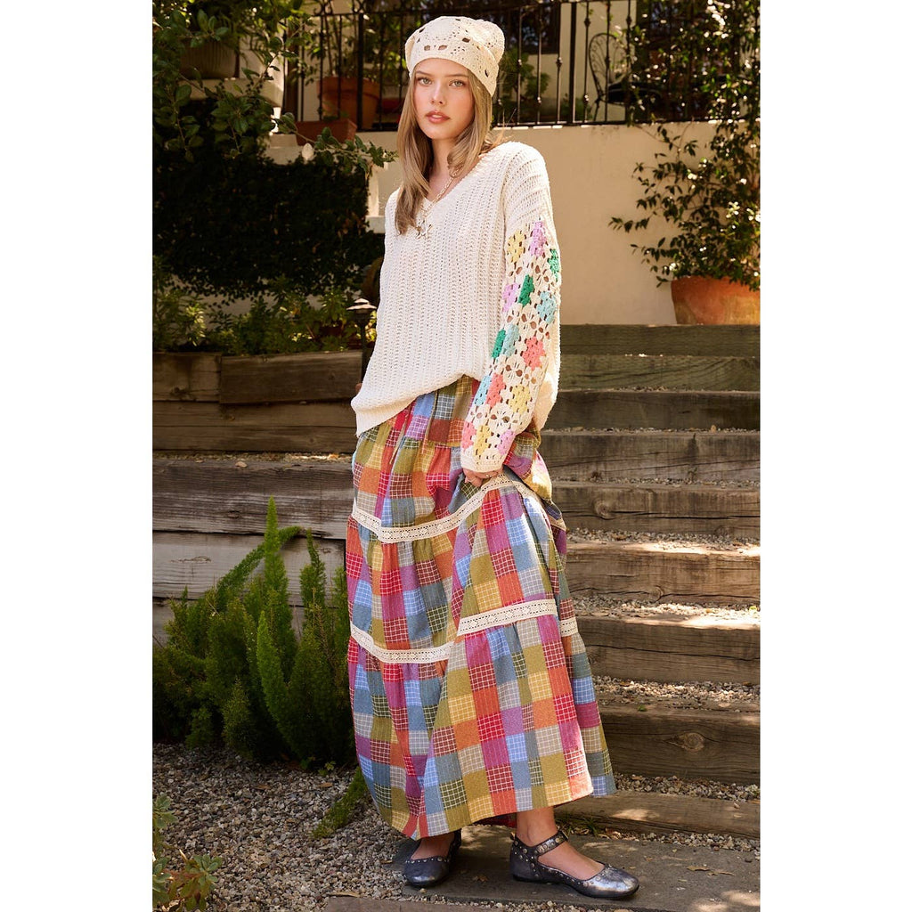 Multicolor Plaid Tiered Maxi Skirt