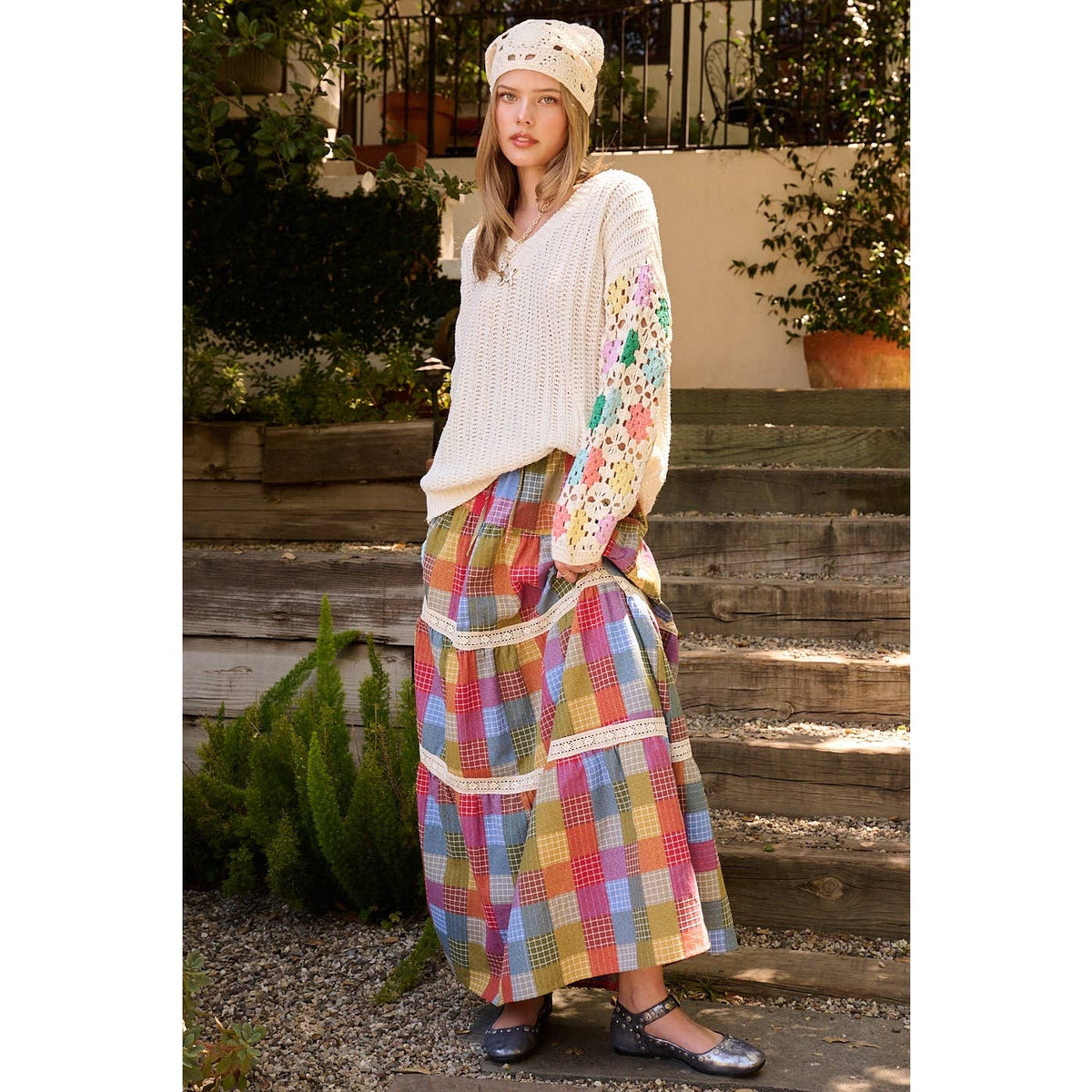 Multicolor Plaid Tiered Maxi Skirt