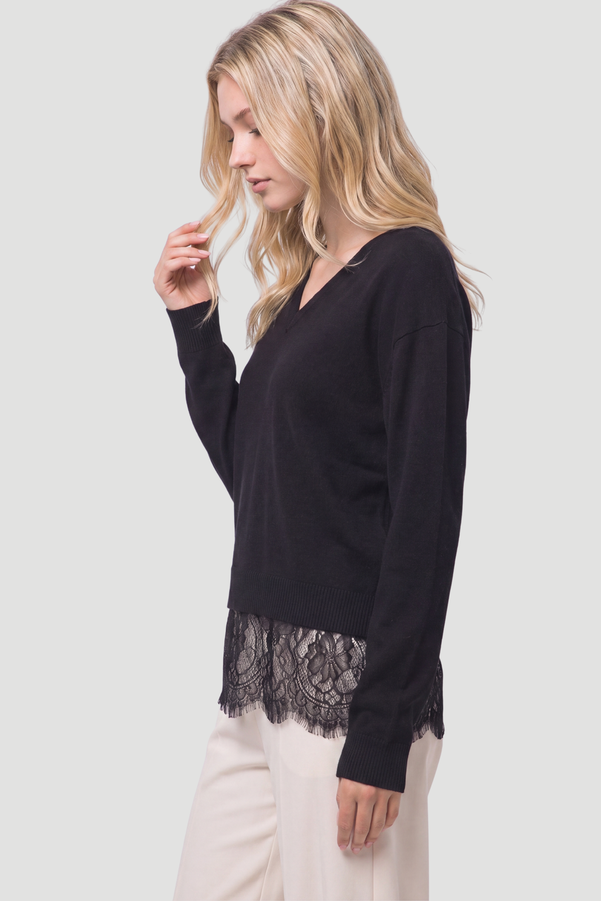 Lace Hem V-Neck Sweater