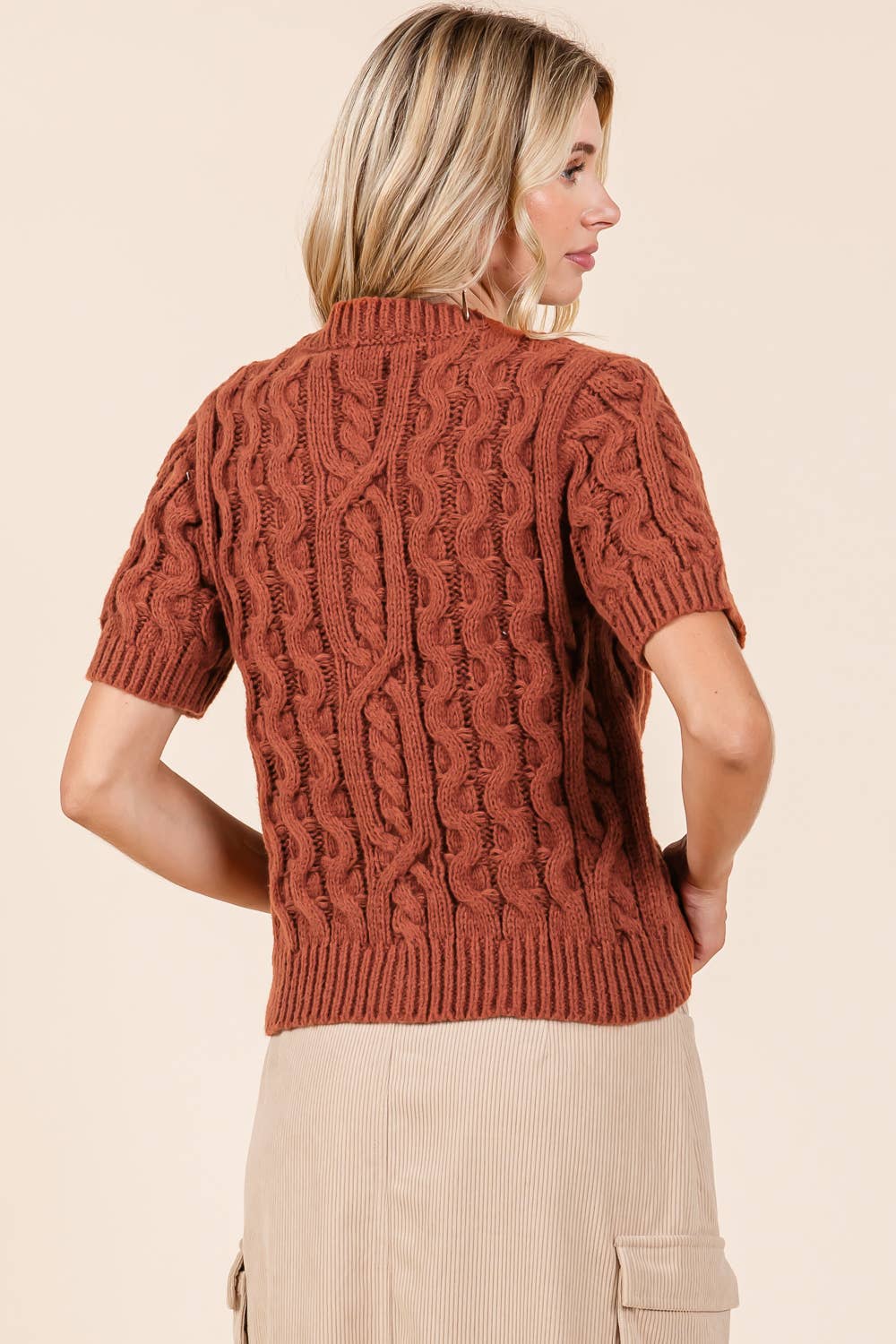 Cable Knit Short-Sleeved Button-Up Sweater