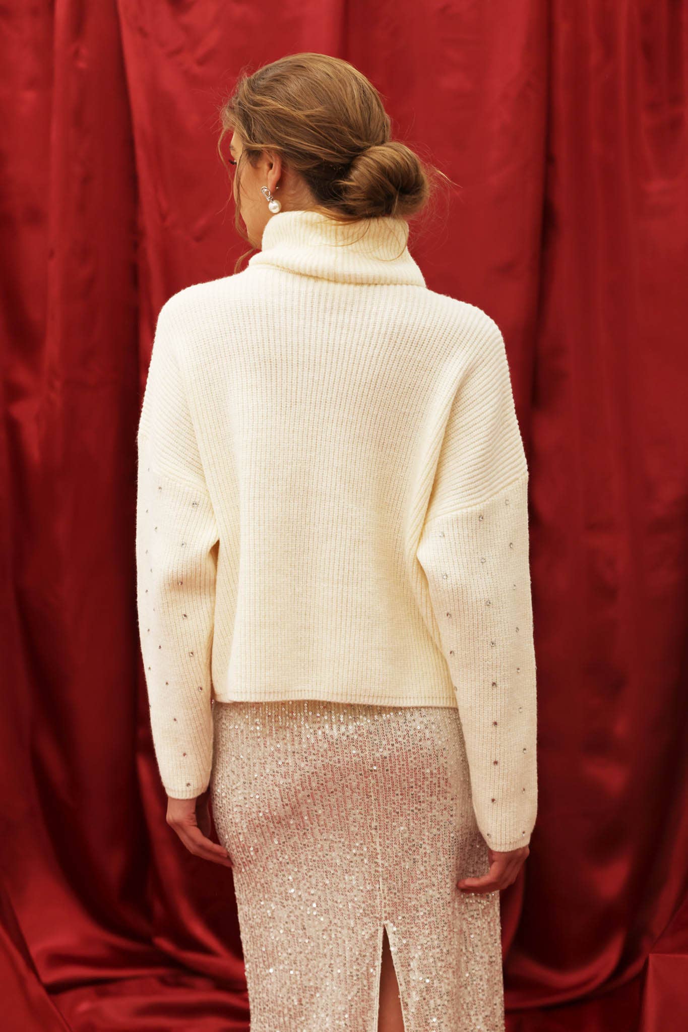 Rhinestone Turtleneck Knit Pullover Sweater