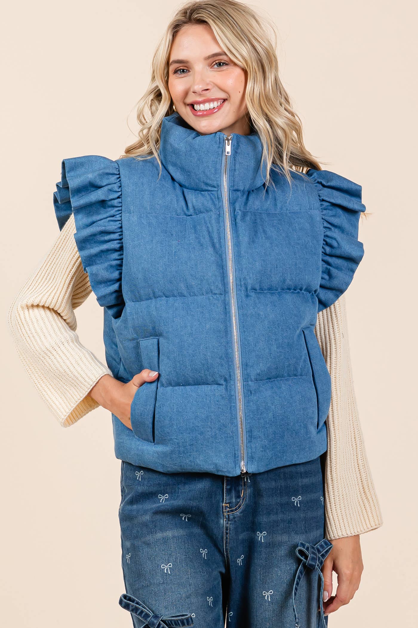 Dani Denim Ruffle Trim Puffer Vest