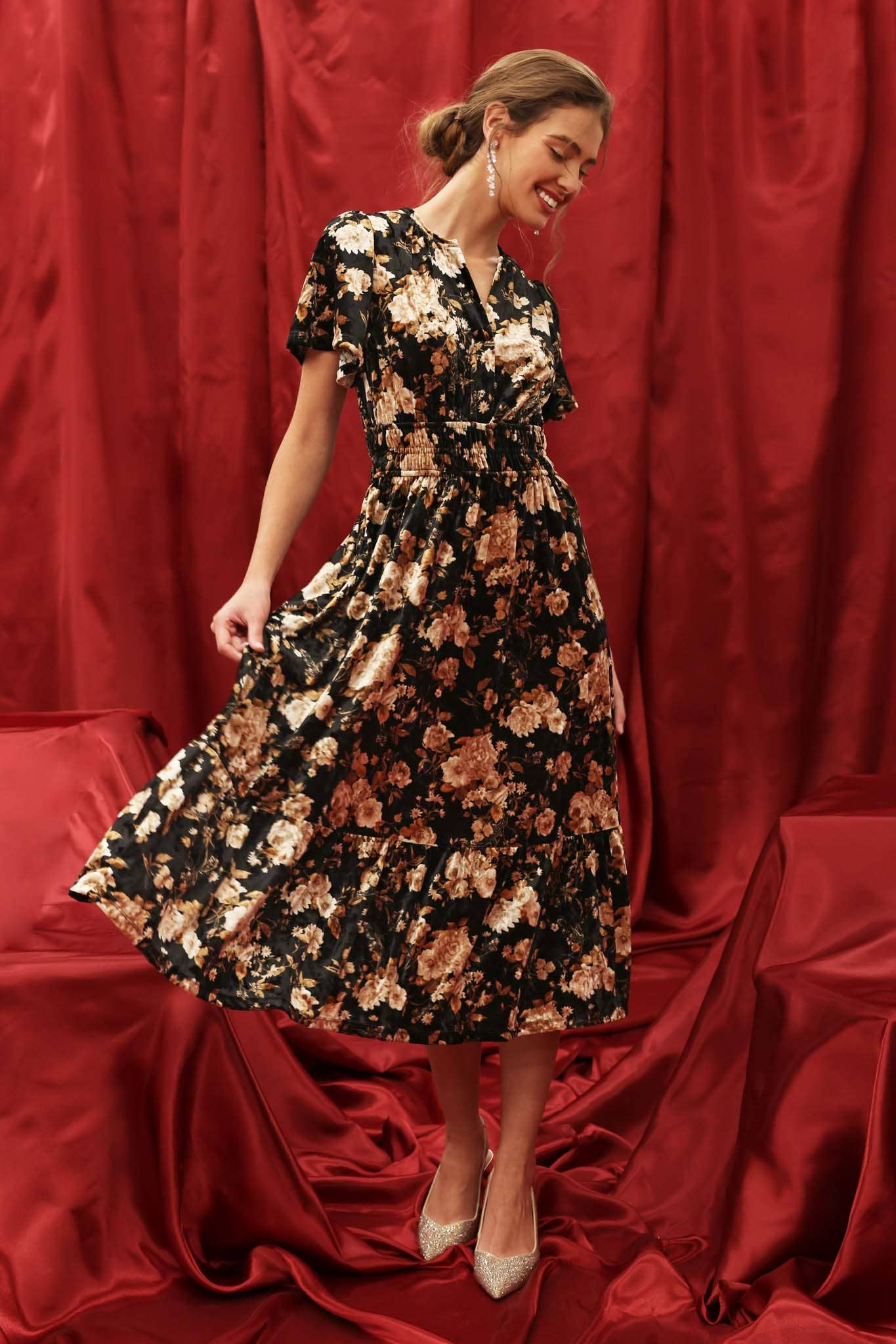 Gloria Floral Velvet Midi Dress