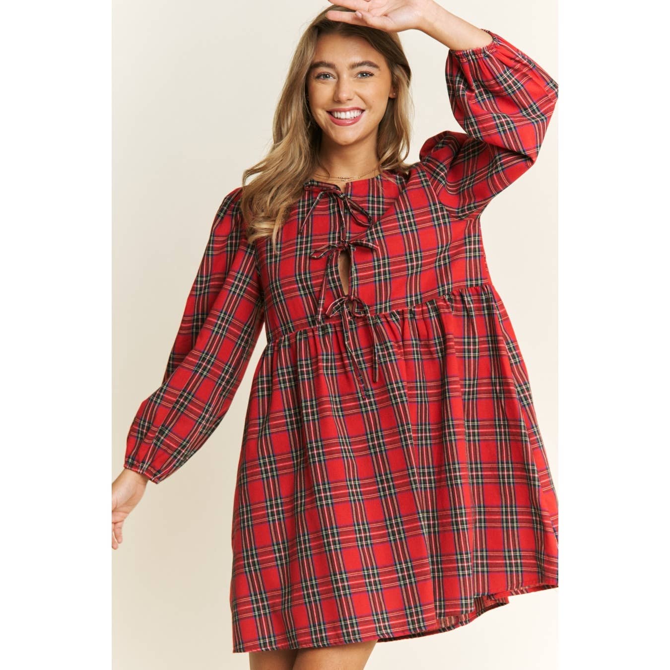 Soft Plaid Woven Babydoll Bow Mini Dress