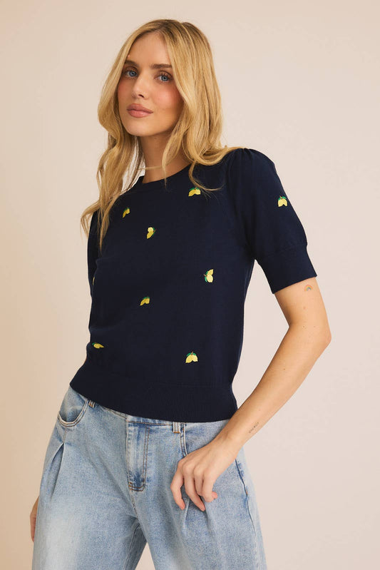 Lemon Blossom Embroidered Knit Top