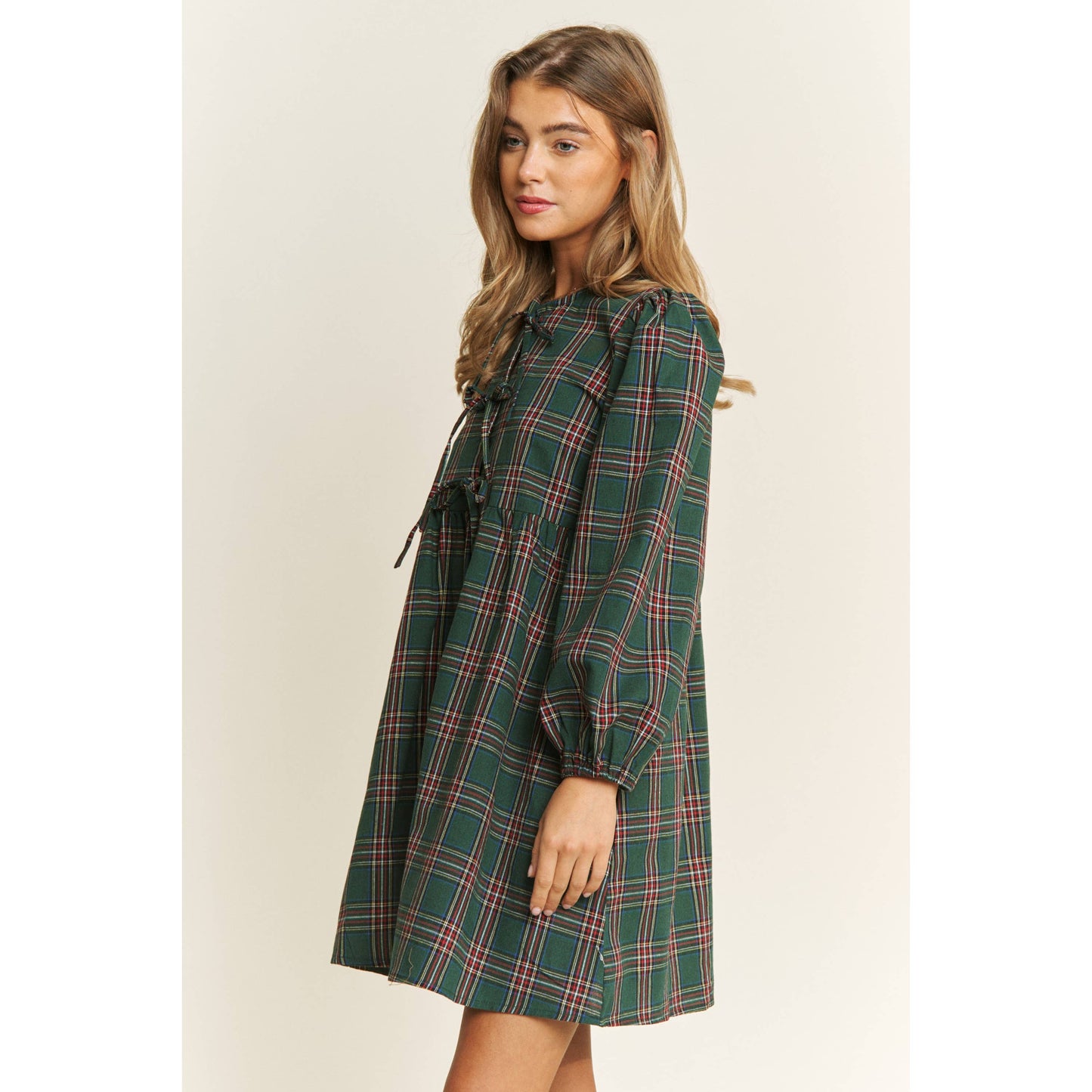 Soft Plaid Woven Babydoll Bow Mini Dress