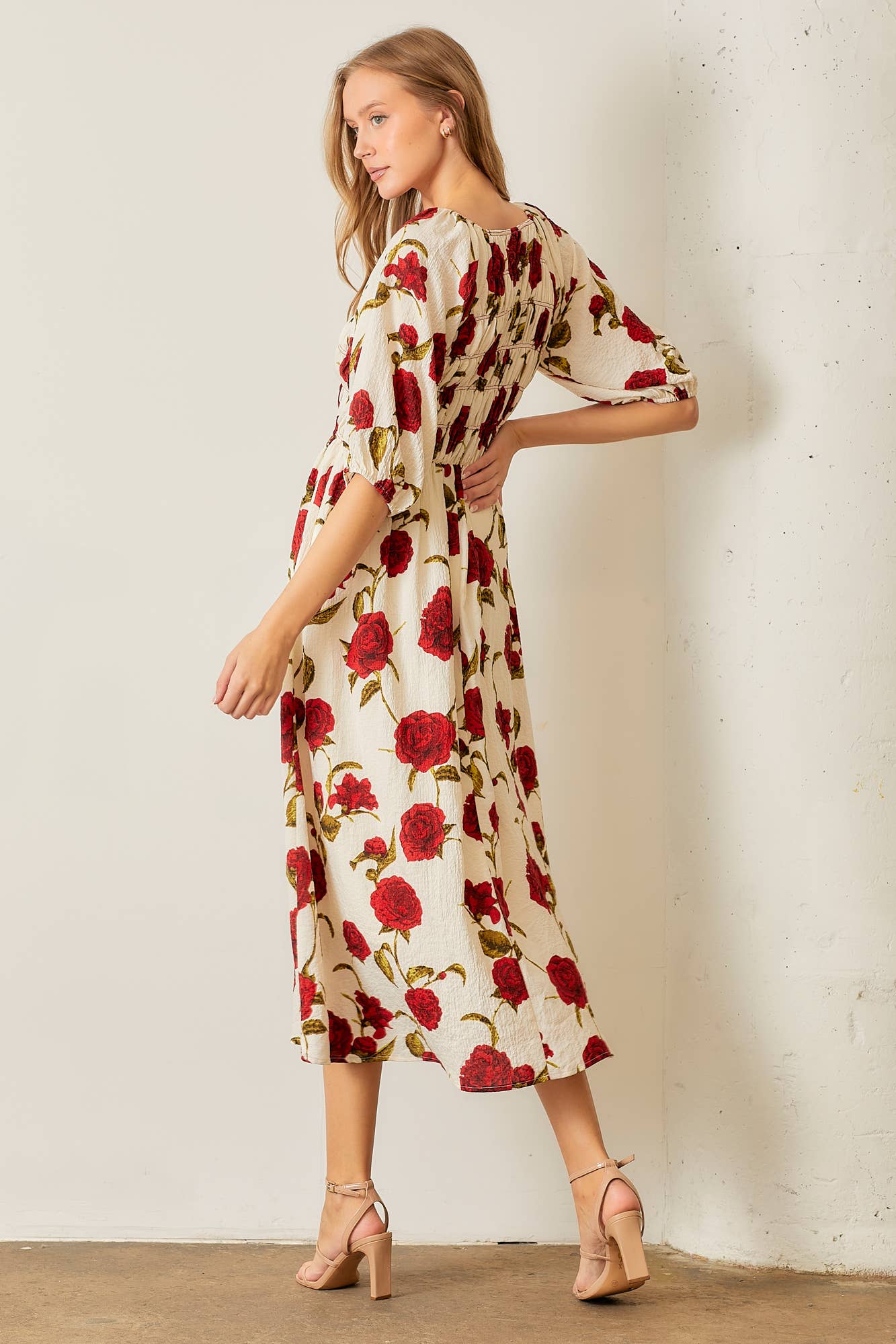Scarlet Bloom Bubble Sleeve Maxi Dress