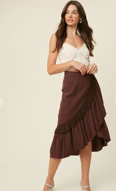 Corduroy Ruffle Wrap Midi Skirt