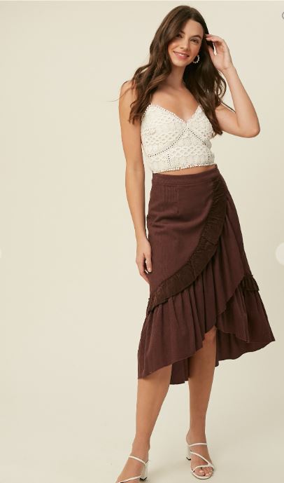 Corduroy Ruffle Wrap Midi Skirt