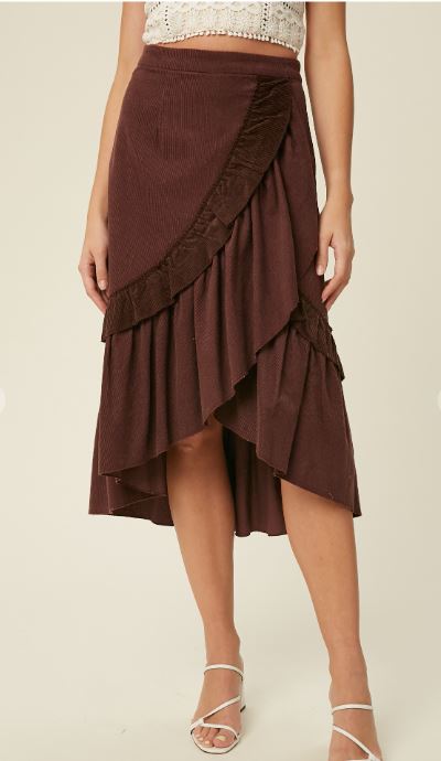 Corduroy Ruffle Wrap Midi Skirt