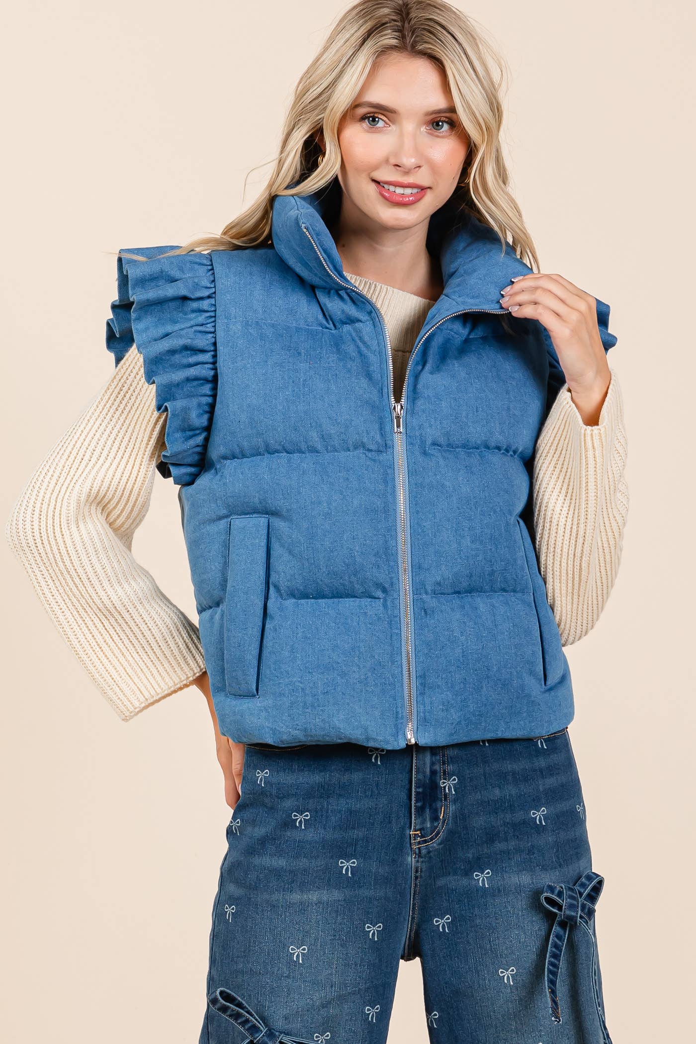 Dani Denim Ruffle Trim Puffer Vest