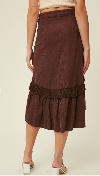 Corduroy Ruffle Wrap Midi Skirt