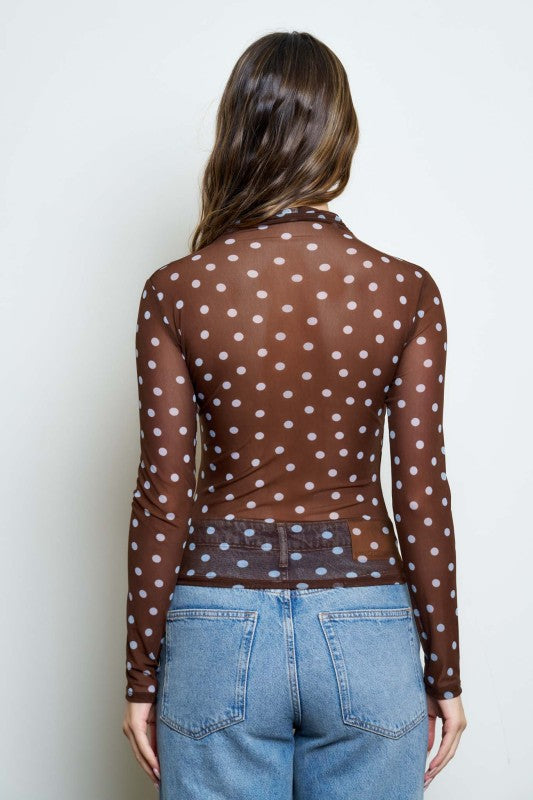 Polka Dot Mesh Long Sleeve Top