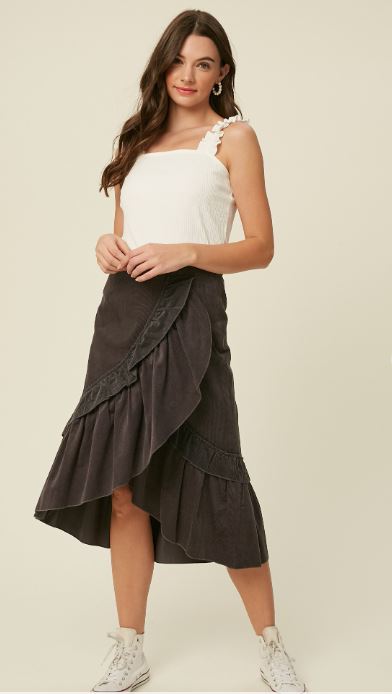 Corduroy Ruffle Wrap Midi Skirt