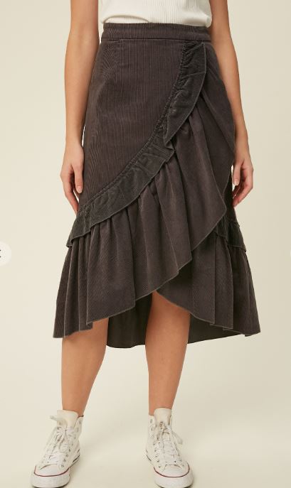 Corduroy Ruffle Wrap Midi Skirt