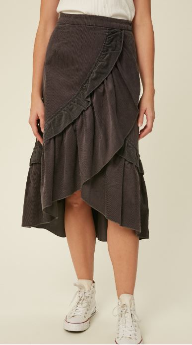 Corduroy Ruffle Wrap Midi Skirt