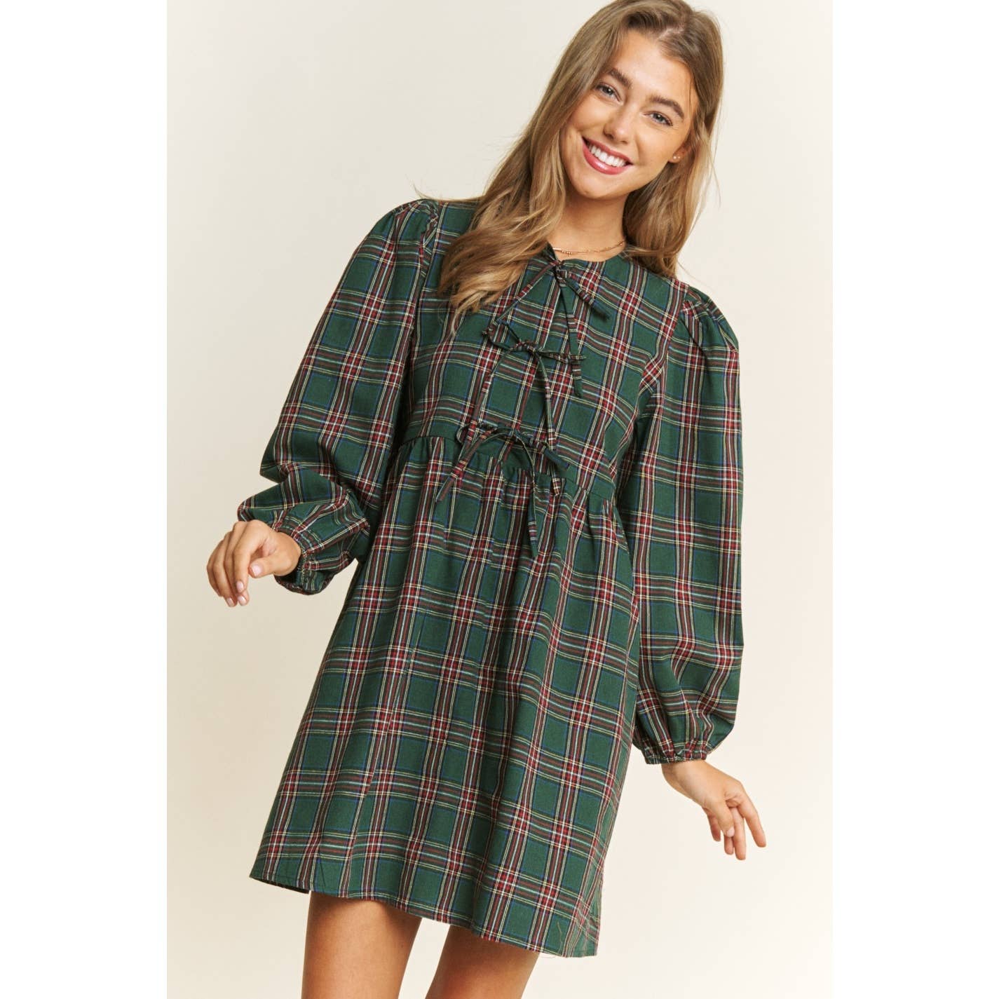 Soft Plaid Woven Babydoll Bow Mini Dress