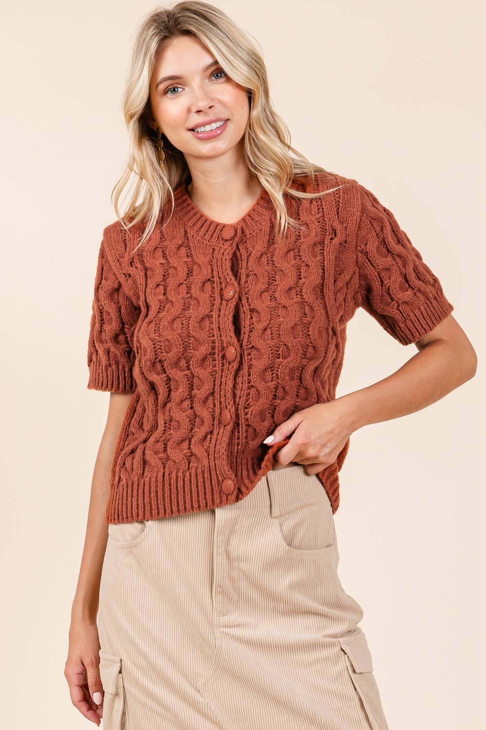 Cable Knit Short-Sleeved Button-Up Sweater