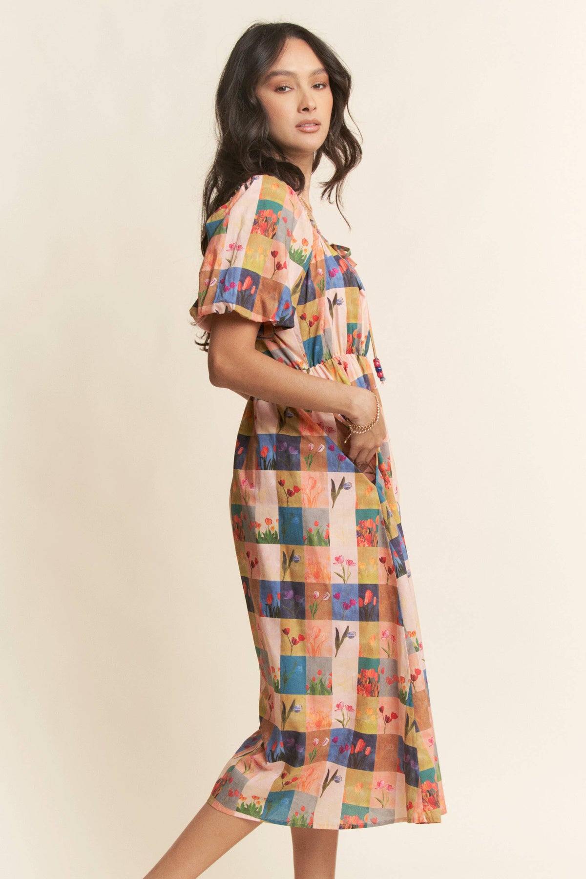 Checker Floral Midi Dress