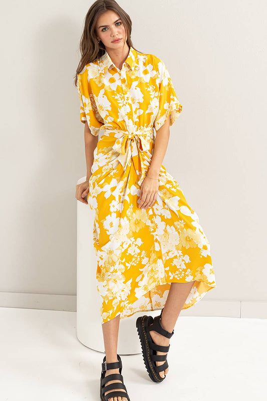 Flora Tie Front Pleated Shirt Dress