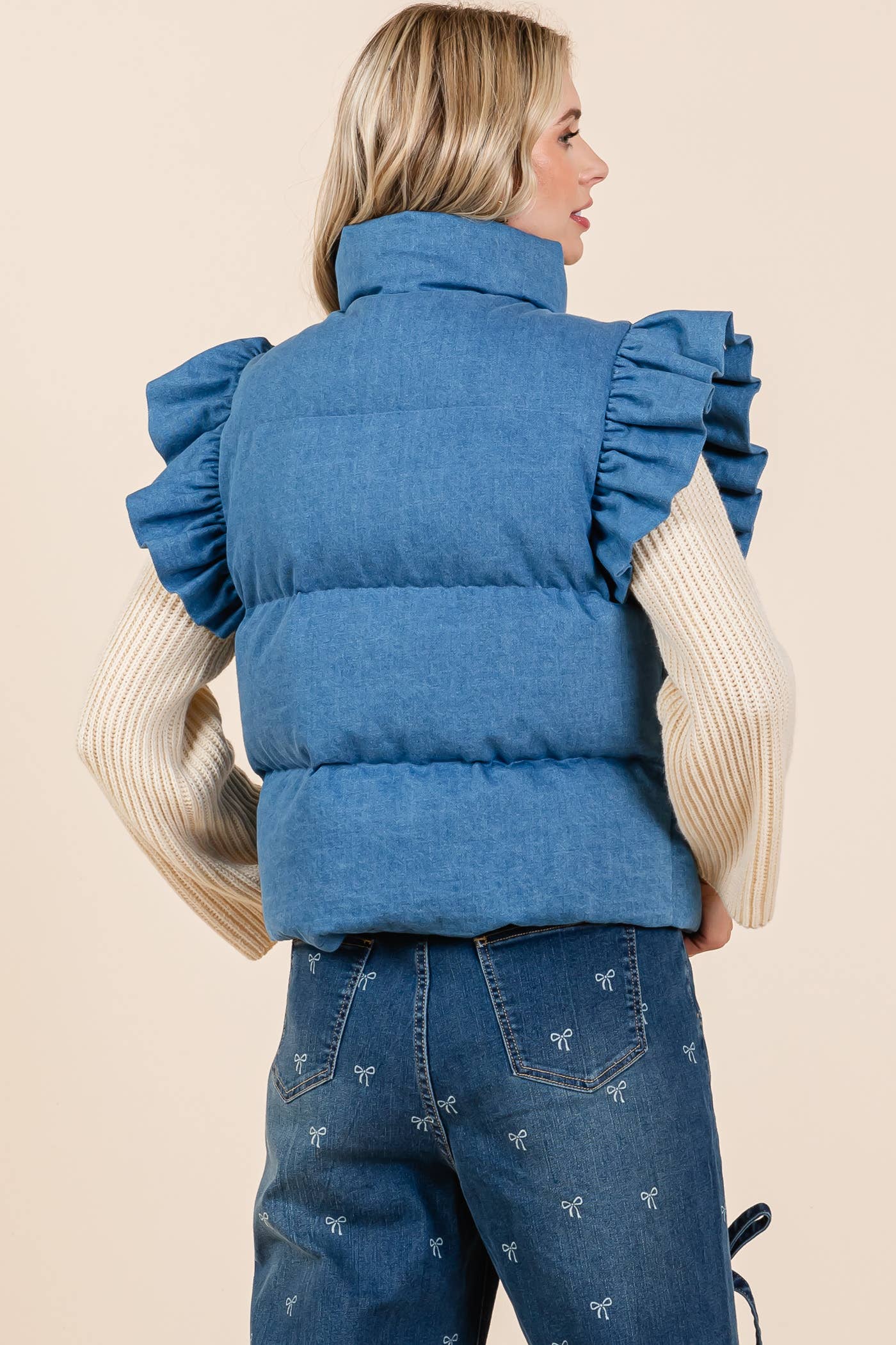 Dani Denim Ruffle Trim Puffer Vest