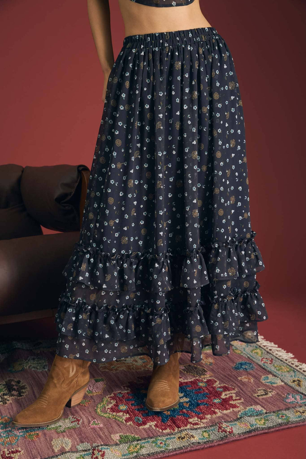 Floral Tiered Midi Skirt
