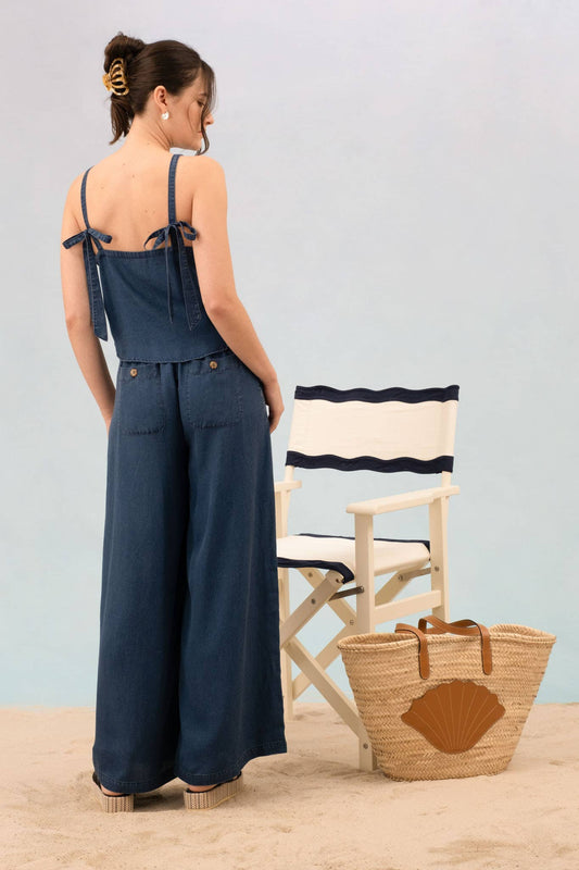 Self-Tie Bow Chambray Top