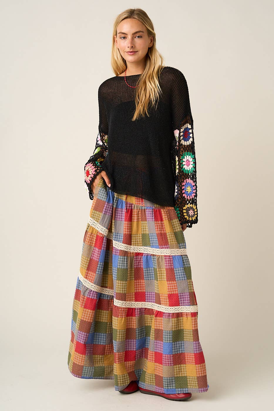 Multicolor Plaid Tiered Maxi Skirt
