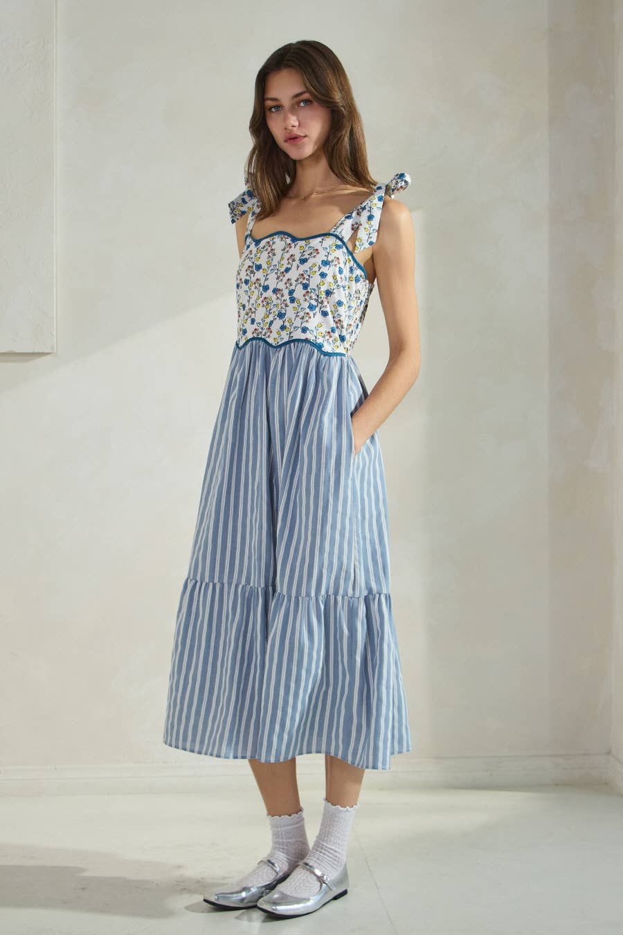 Elara Floral Stripe Midi Dress