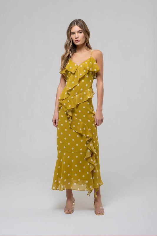 Kiwi Polka Dot Ruffle Wrap Sleeveless Midi Dress