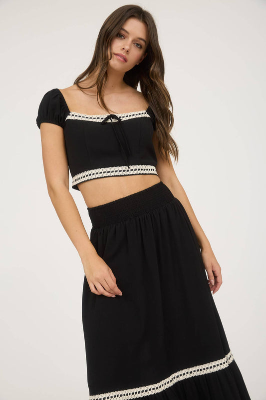 Contrast Lace Trim Midi Skirt