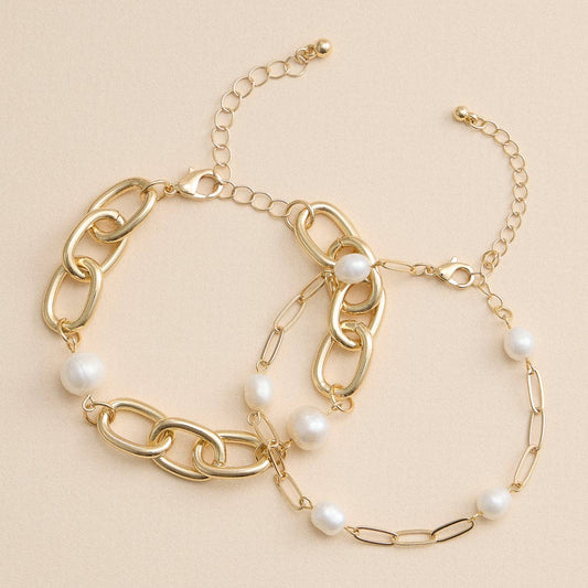 Gold and Freshwater Pearl Layered Bracelet Set