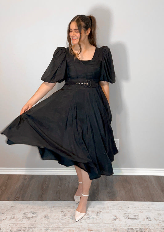 Diana Puffed Sleeve Belted V-Neck Dress