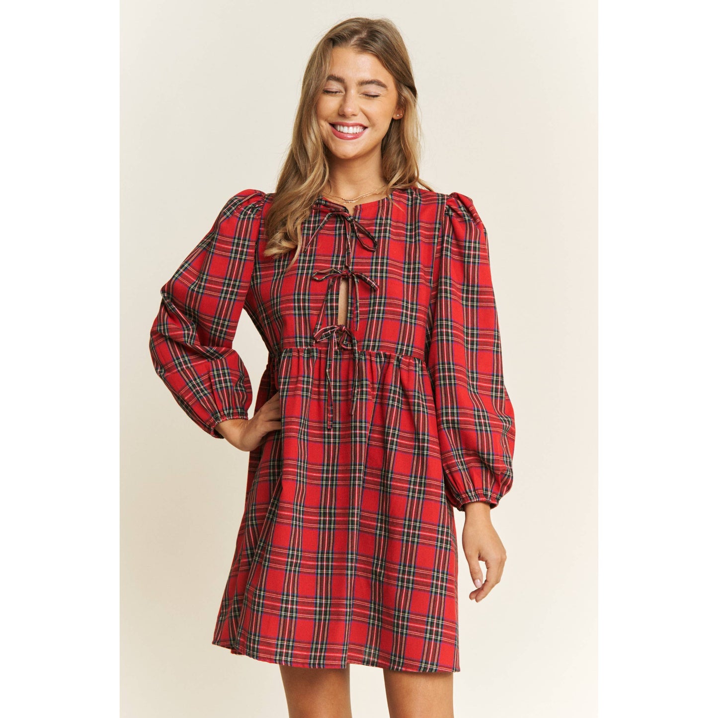 Soft Plaid Woven Babydoll Bow Mini Dress