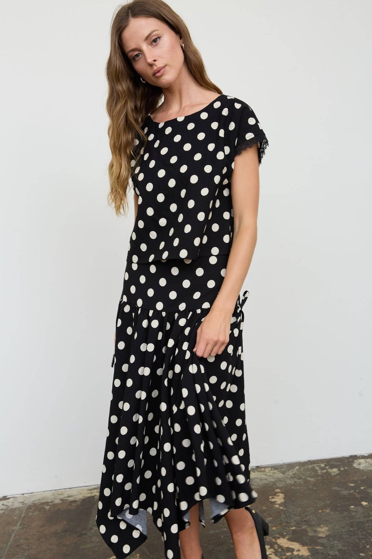 Josephine Polka Dot Drop Waist Midi Skirt
