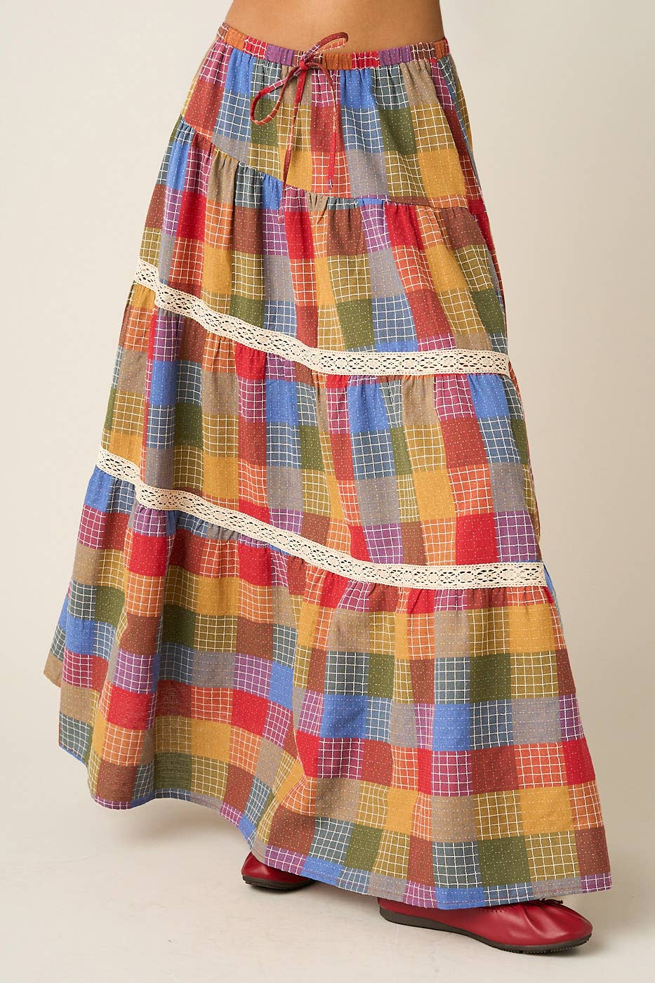 Multicolor Plaid Tiered Maxi Skirt