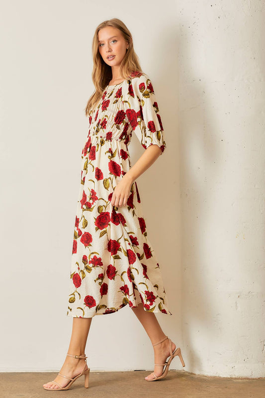 Scarlet Bloom Bubble Sleeve Maxi Dress