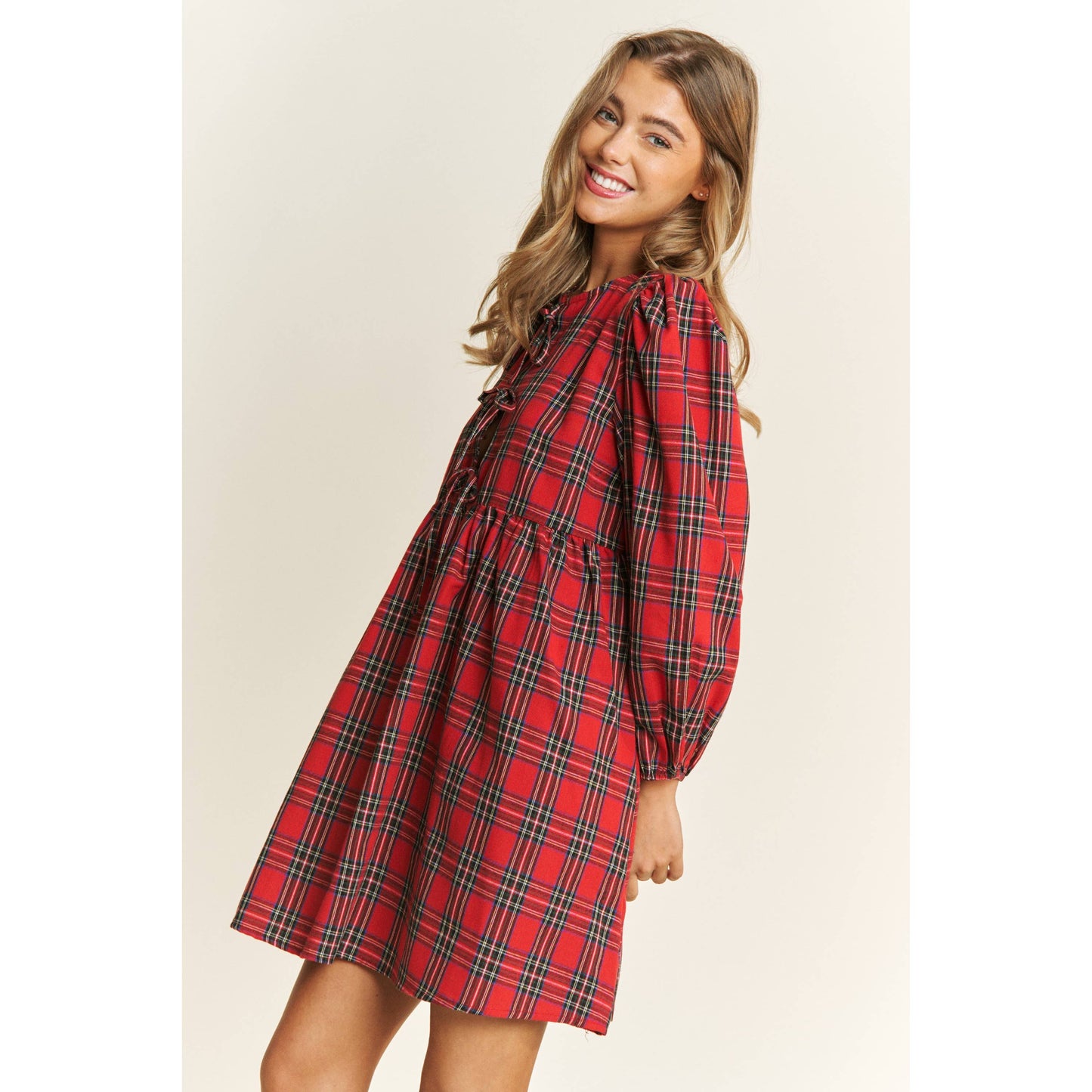 Soft Plaid Woven Babydoll Bow Mini Dress