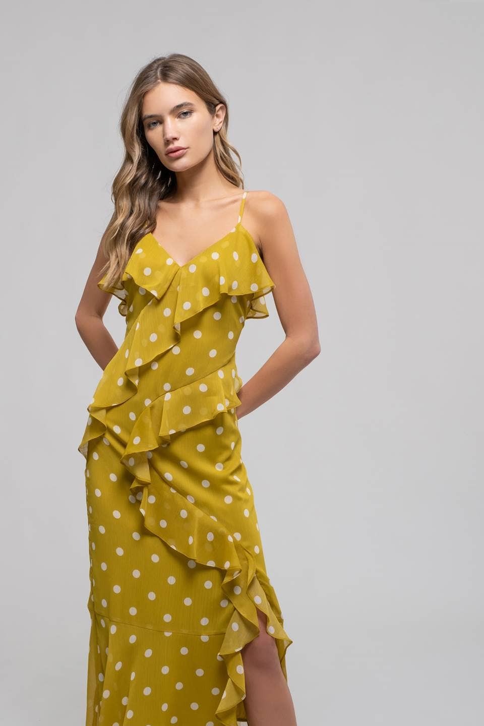 Kiwi Polka Dot Ruffle Wrap Sleeveless Midi Dress