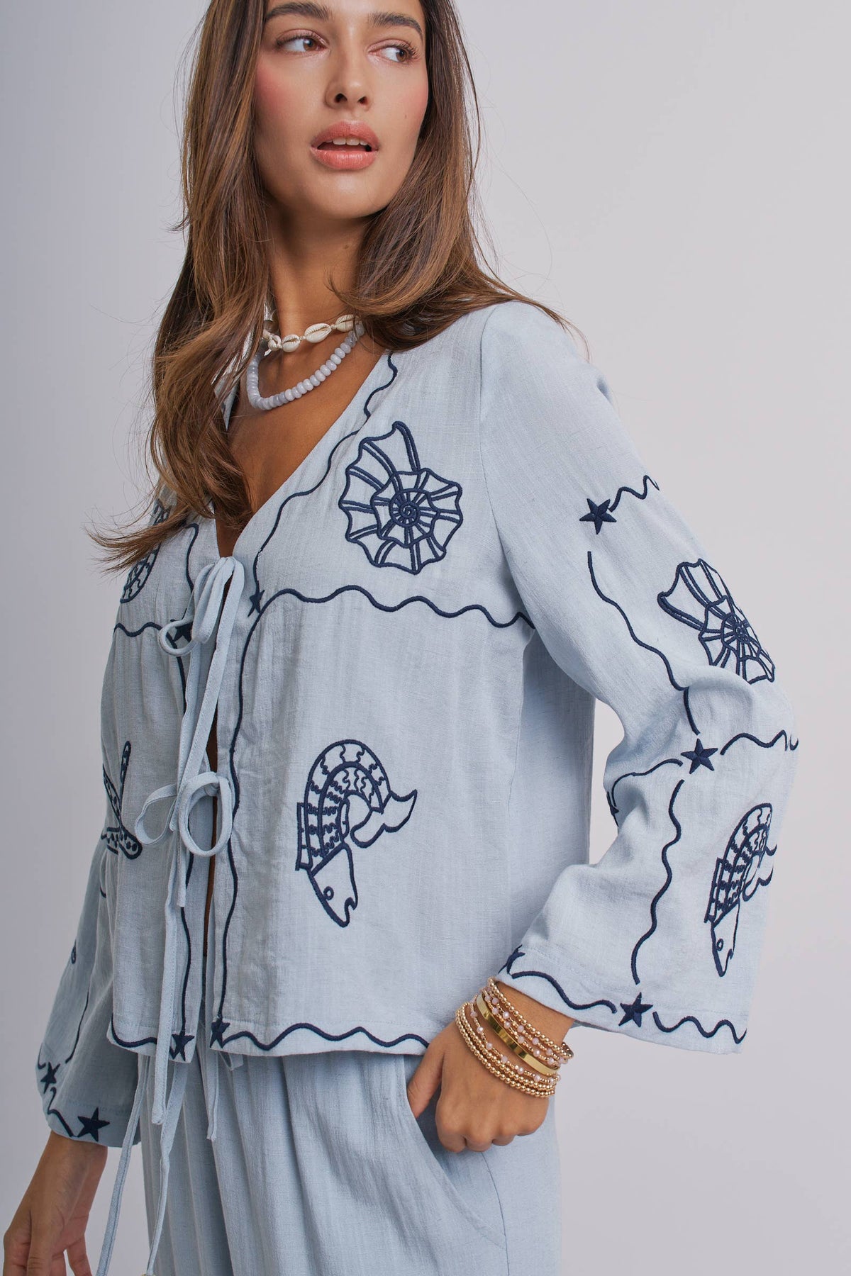 Shell Embroidered Tie Top