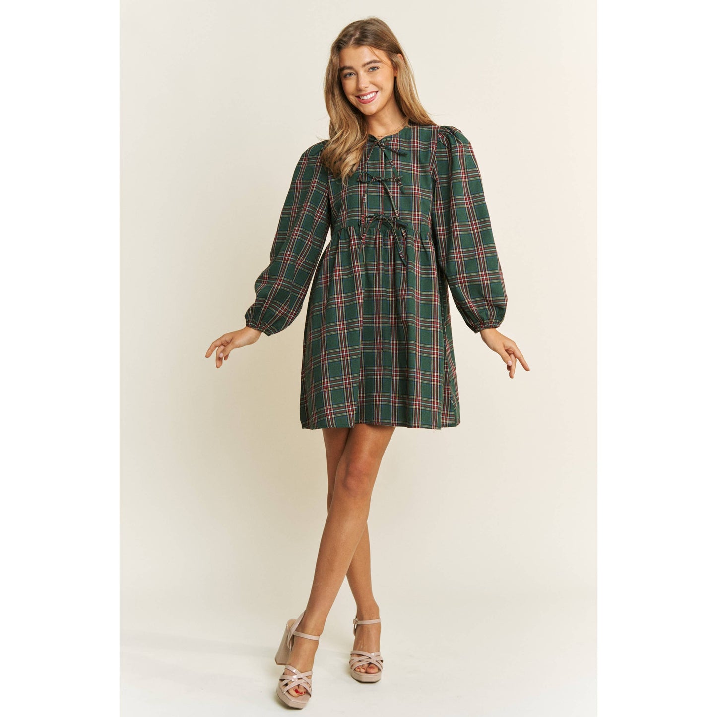 Soft Plaid Woven Babydoll Bow Mini Dress